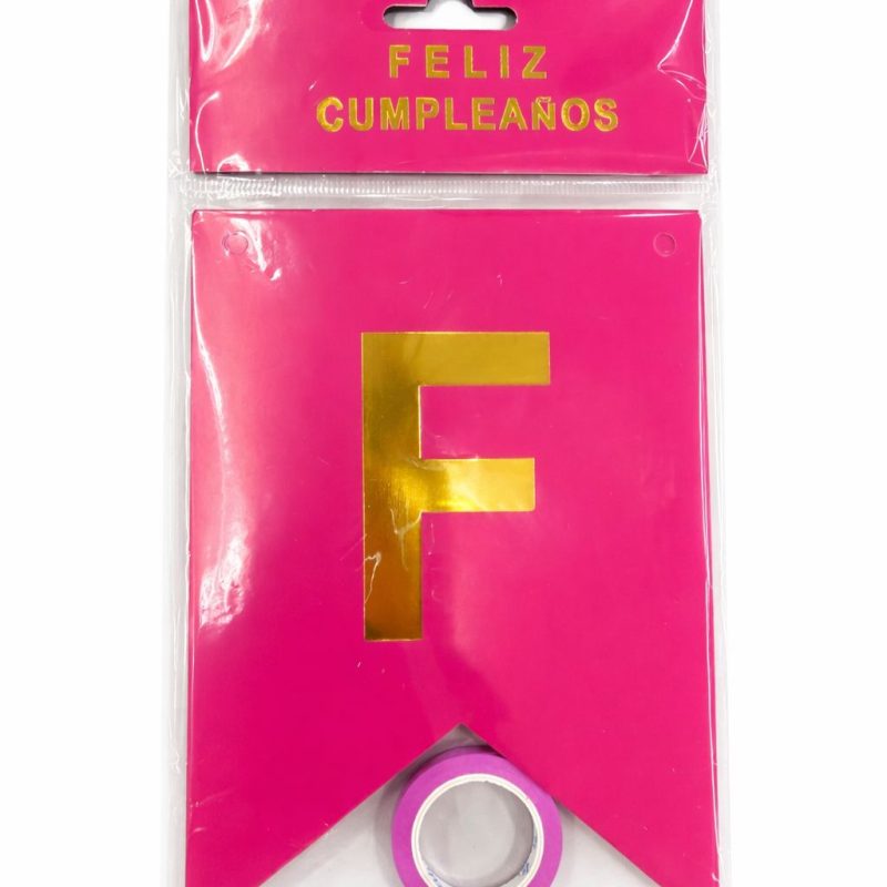 BANDERIN FELIZ CUMPLEAÑOS FUCSIA CON DORADO