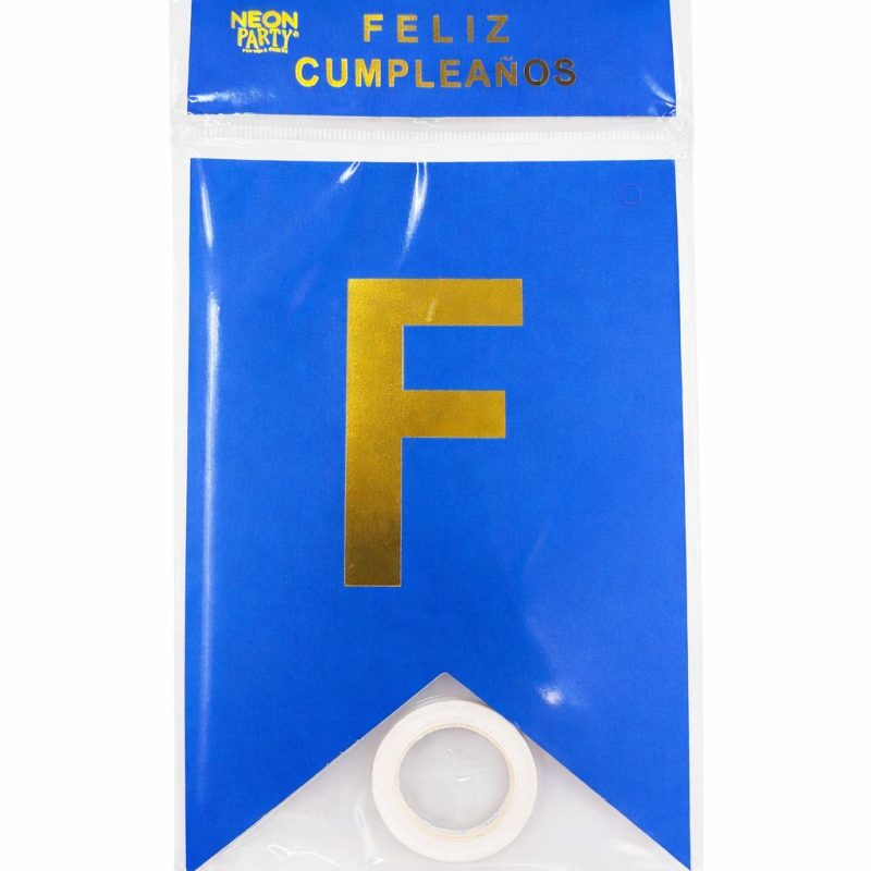 BANDERIN FELIZ CUMPLEAÑOS AZUL CON DORADO