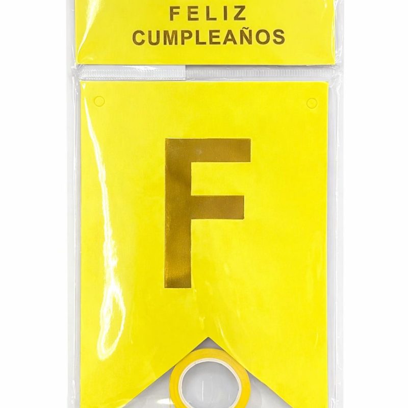 BANDERIN FELIZ CUMPLEAÑOS AMARILLO CON DORADO
