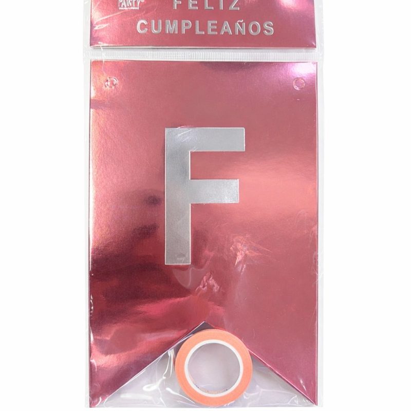 BANDERIN FELIZ CUMPLEAÑOS PALO ROSA CON PLATA