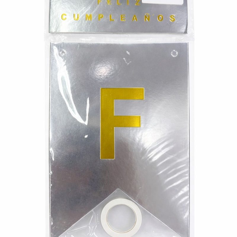 BANDERIN FELIZ CUMPLEAÑOS PLATA CON DORADO