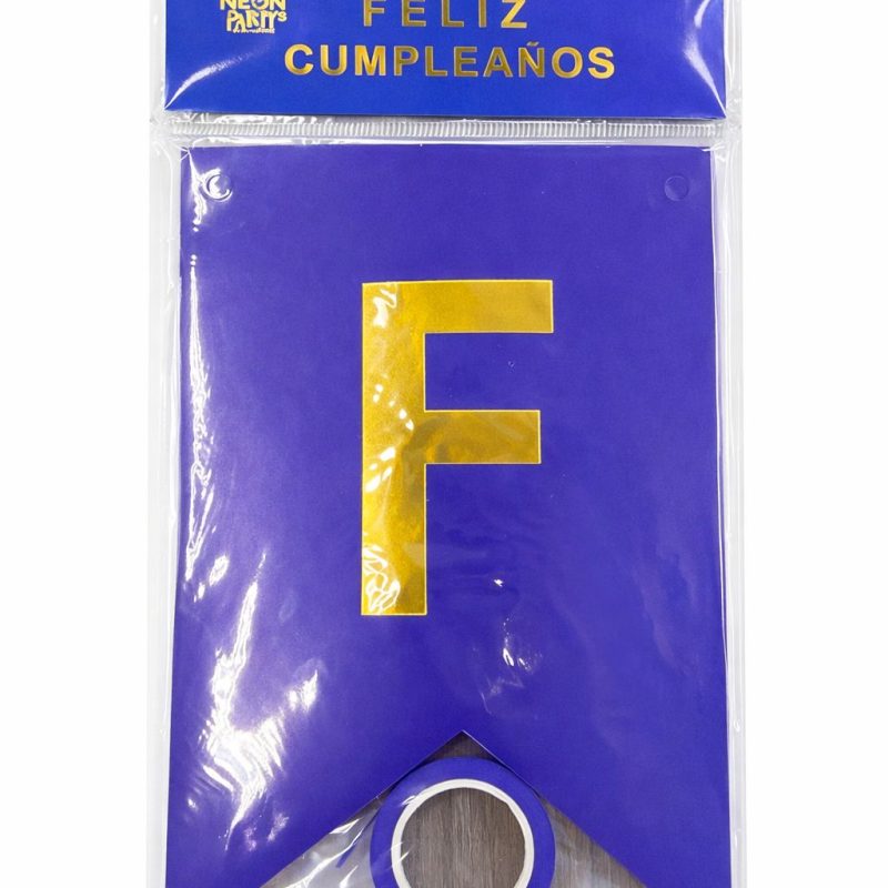 BANDERIN FELIZ CUMPLEAÑOS AZUL CON DORADO