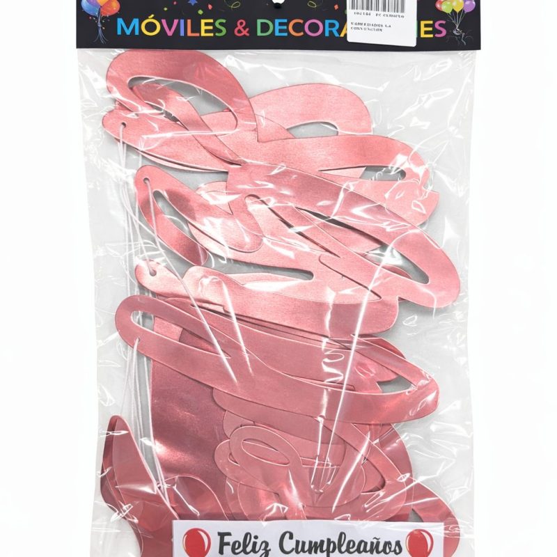 LETRERO FELIZ CUMPLEAÑOS PALO ROSA CURSIVO PAPEL