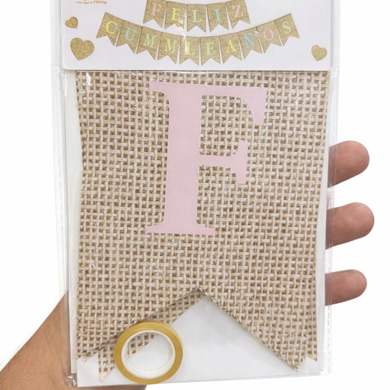 BANDERIN FELIZ CUMPLEAÑOS ESTILO YUTE CON LETRAS PASTEL