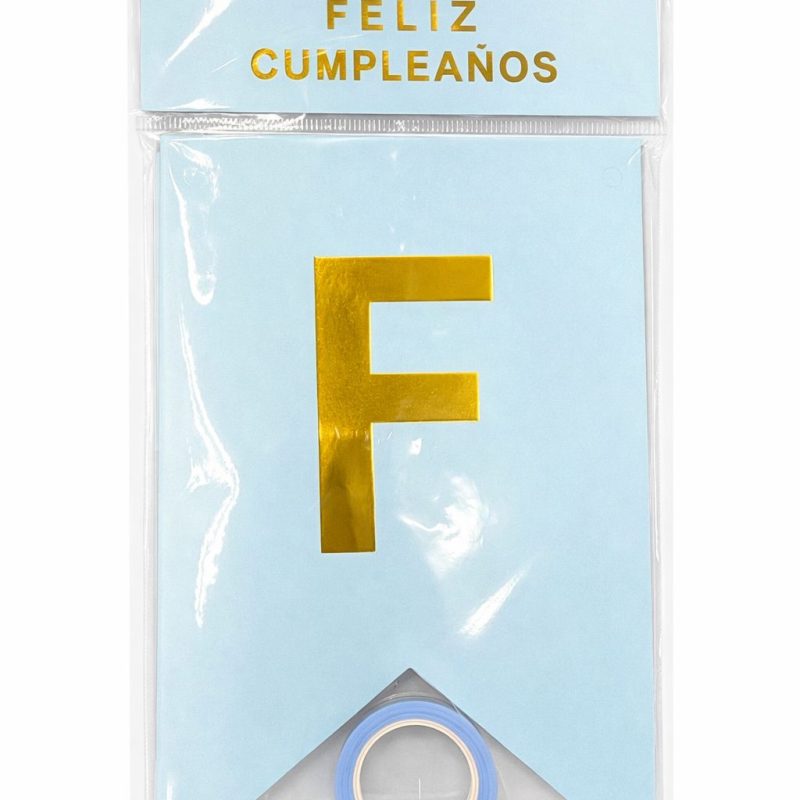 BANDERIN FELIZ CUMPLEAÑOS AZUL PASTEL CON DORADO